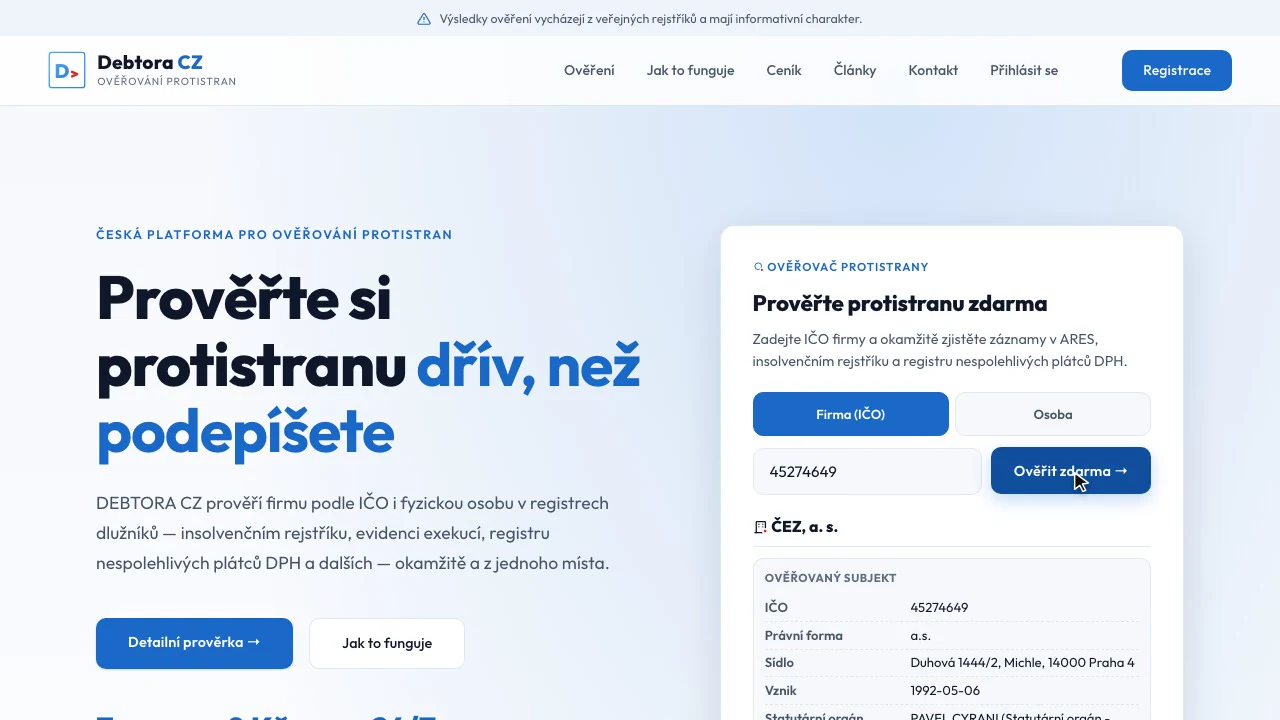Screen recording of debtora.cz: a company checked by IČO against Czech registries