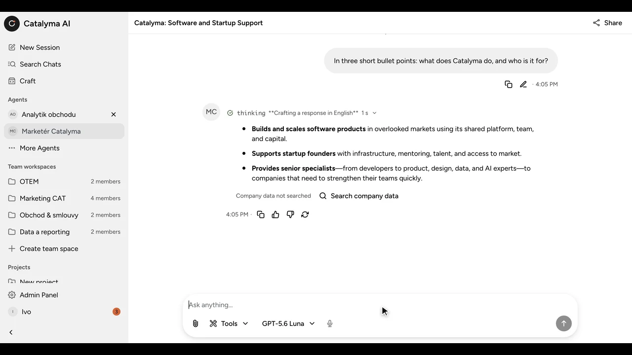 Screen recording of app.catalyma.com: an agent answers a question in the live product